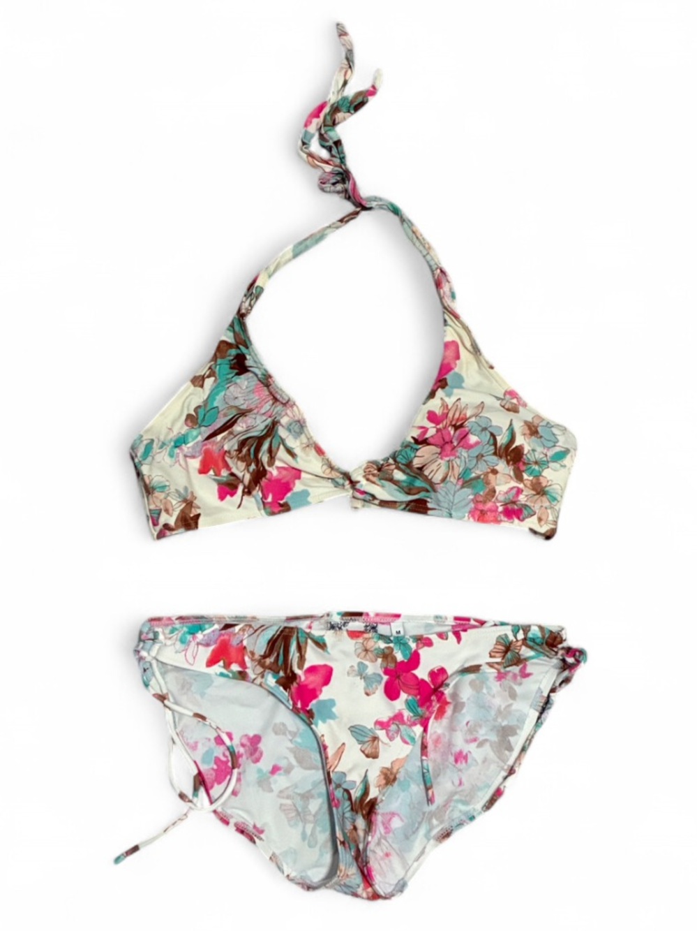 Y2K Jackpot Floral Butterfly Halter Bikini Set - Cream and Pink